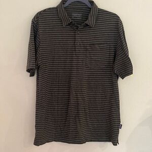 Patagonia sz M grey and blue stripe short sleeve polo style shirt organic cotton